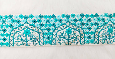 Beige Art Silk Fabric Trim Border with Floral Embroidery and Silver Indian Foil Work, Decorative Trimming, Crafting Lace